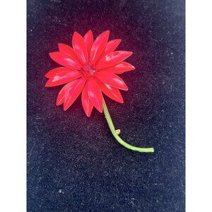 Vintage Red Enamel Flower Brooch With Rhinestone Center By Original By Robert